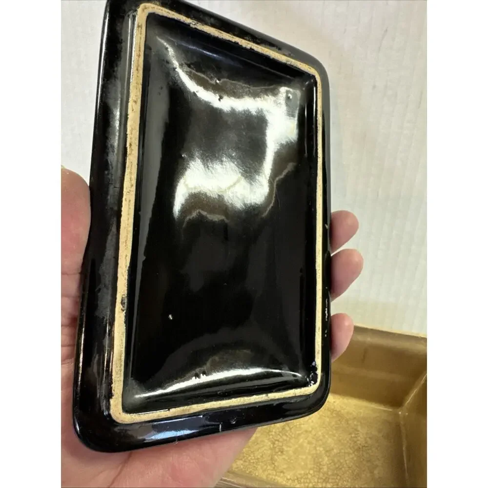 Antique Gem Clay Pottery Covered Dish trinket box black & tan neutral minimalist